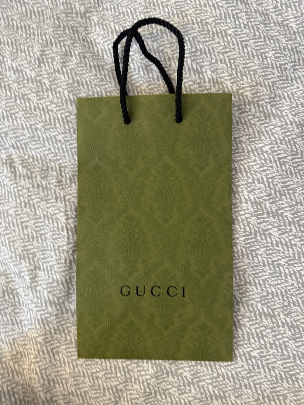 Gucci Olive Green Patterned Gift Bag with Black Rope Handles